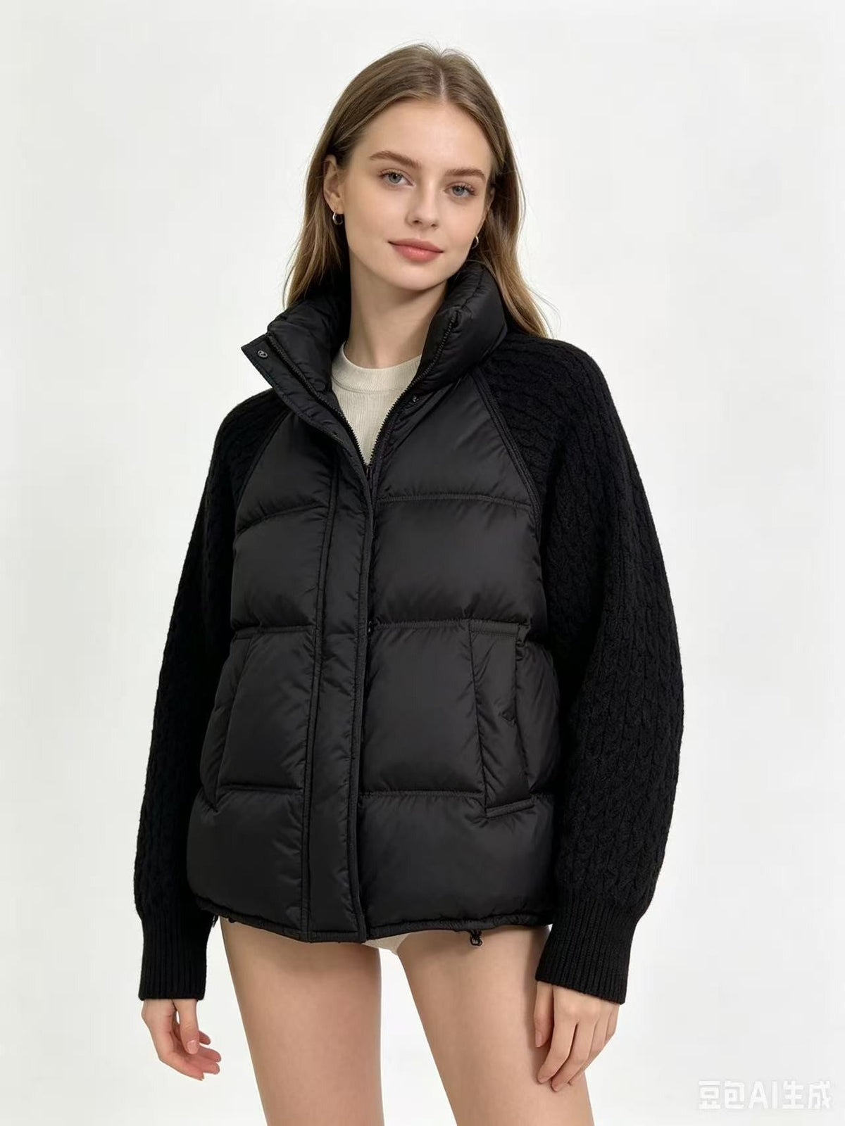 👚✨Women's Stand Collar Cable Knit Patchwork Long Sleeve Padded Short Thickened Warm Winter Cotton Coat✨