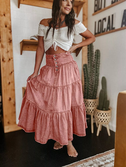 👗 Tiered Denim, Flattering A-Line Shape | Women's High-Waist Button Maxi Skirt