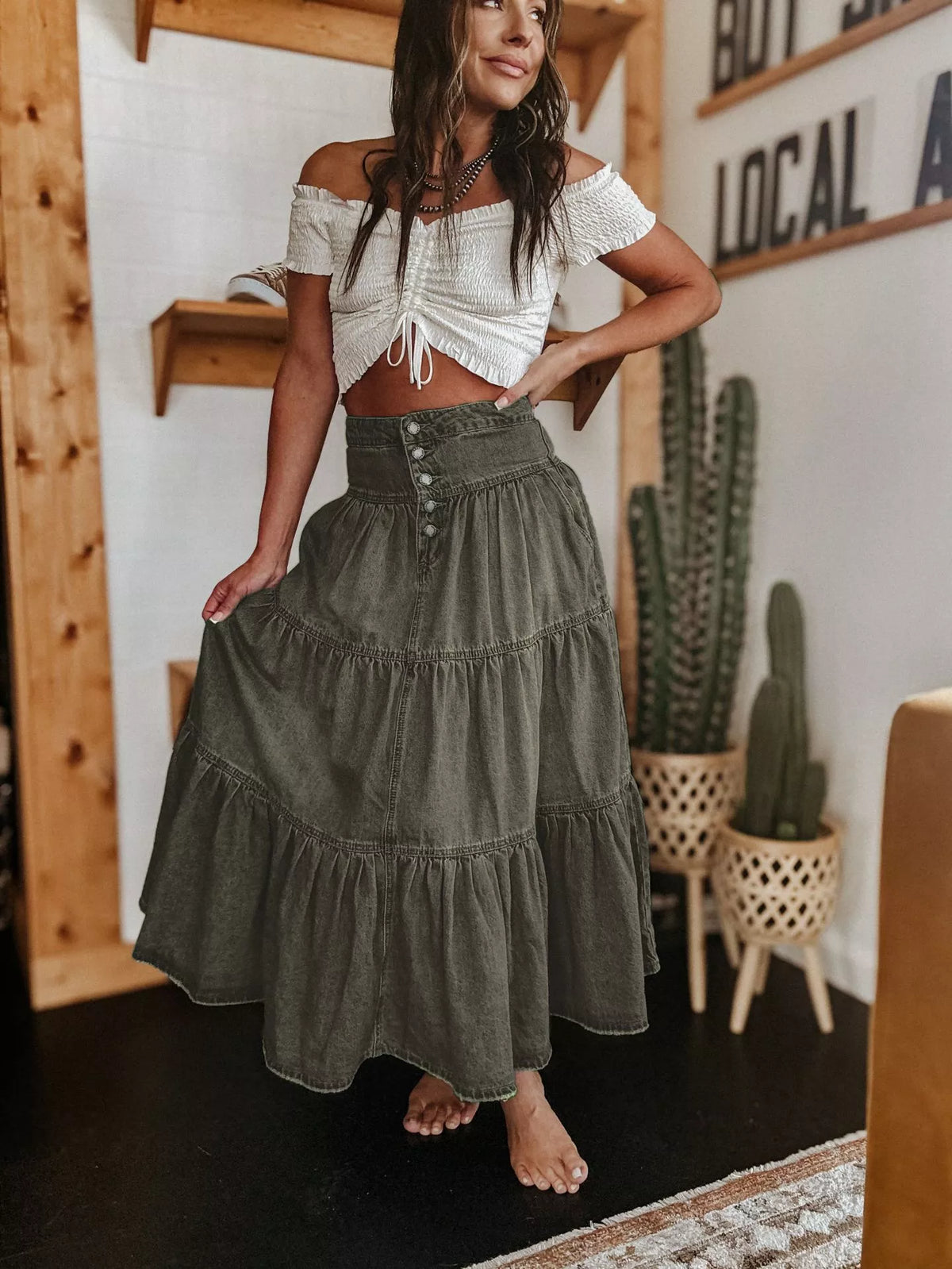👗 Tiered Denim, Flattering A-Line Shape | Women's High-Waist Button Maxi Skirt