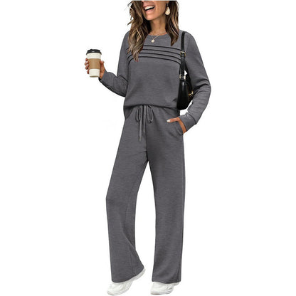 Crew Neck Drawstring 2‑Piece Loungewear Set 👚 Soft Matching Top & Pants