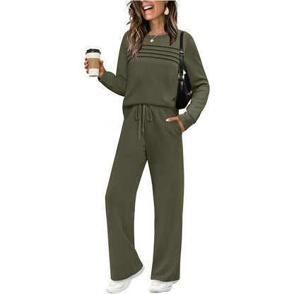 Crew Neck Drawstring 2‑Piece Loungewear Set 👚 Soft Matching Top & Pants