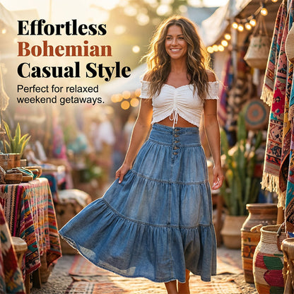 👗 Tiered Denim, Flattering A-Line Shape | Women's High-Waist Button Maxi Skirt
