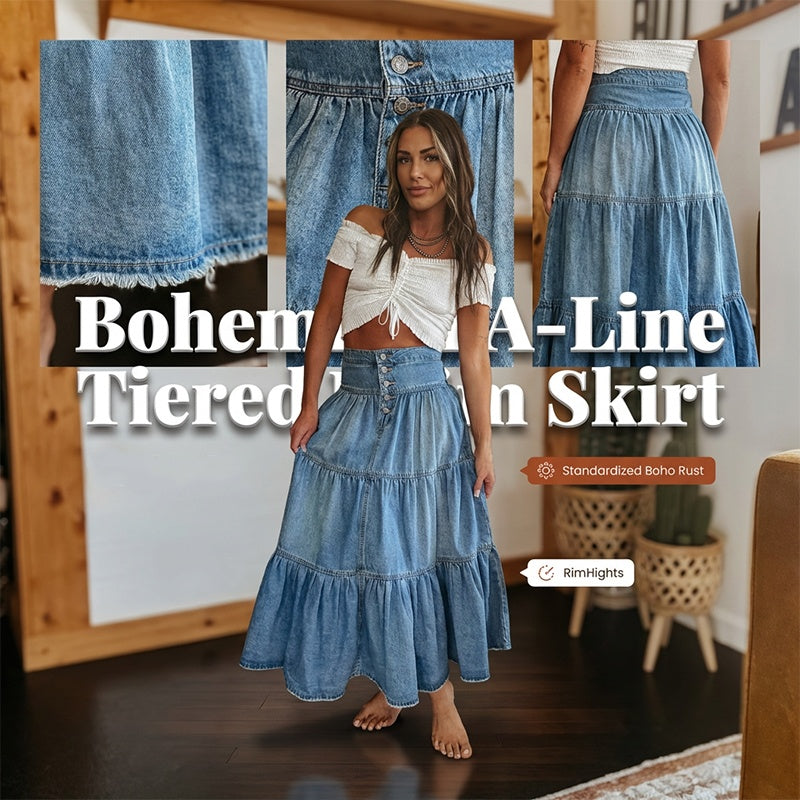 👗 Tiered Denim, Flattering A-Line Shape | Women's High-Waist Button Maxi Skirt
