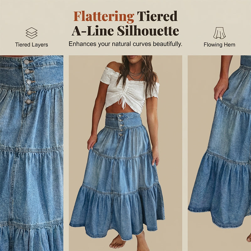 👗 Tiered Denim, Flattering A-Line Shape | Women's High-Waist Button Maxi Skirt
