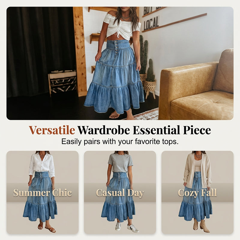 👗 Tiered Denim, Flattering A-Line Shape | Women's High-Waist Button Maxi Skirt