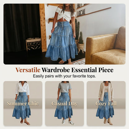 👗 Tiered Denim, Flattering A-Line Shape | Women's High-Waist Button Maxi Skirt