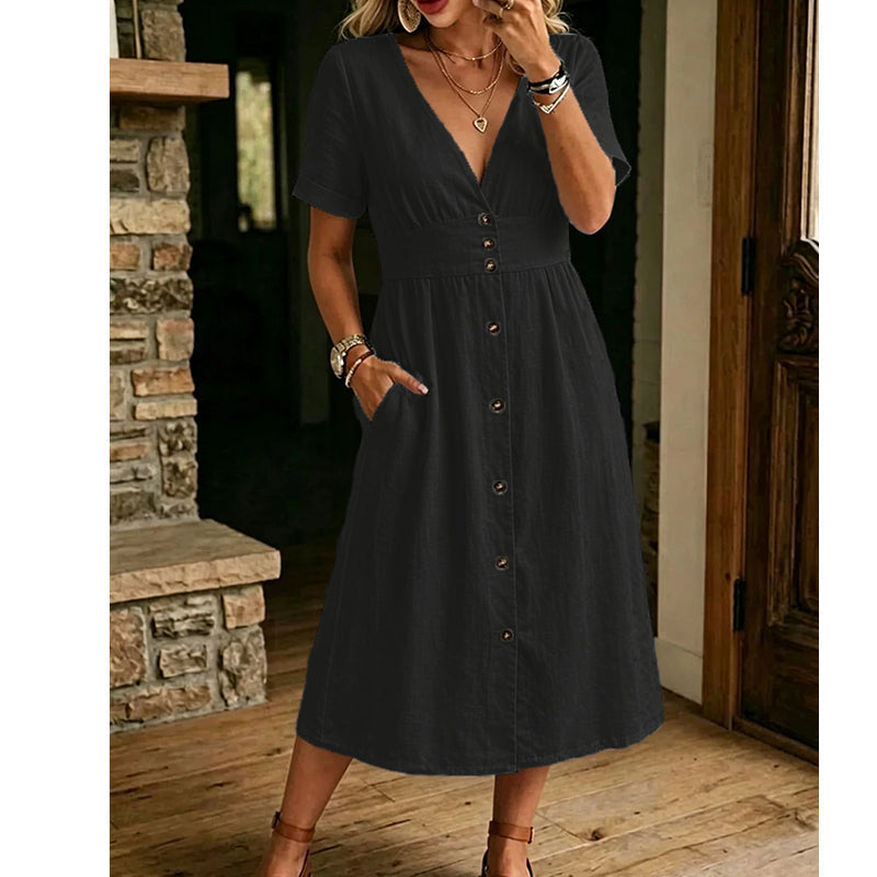 ⏳Time-Limited Special⏰Women's Summer V-Neck Button-Down Dress – Empire Waist, Side Pockets, Breathable 🌸