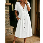⏳Time-Limited Special⏰Women's Summer V-Neck Button-Down Dress – Empire Waist, Side Pockets, Breathable 🌸