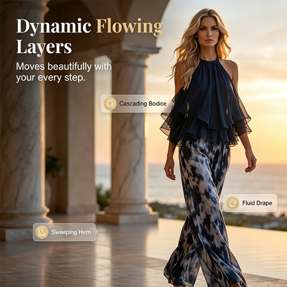 Women's 2-Piece Flowy Halter Outfit with Printed Pants