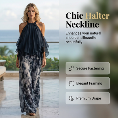 Women's 2-Piece Flowy Halter Outfit with Printed Pants