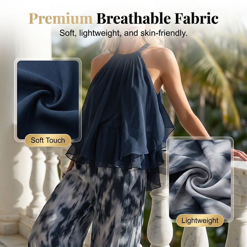 Women's 2-Piece Flowy Halter Outfit with Printed Pants