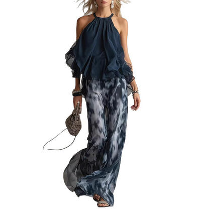 Women's 2-Piece Flowy Halter Outfit with Printed Pants