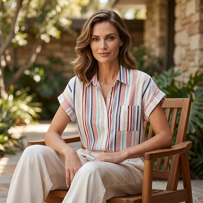 Women's Striped Short-Sleeve Button Down Shirt
