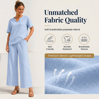 Women's V-Neck Top & Wide-Leg Pants Set