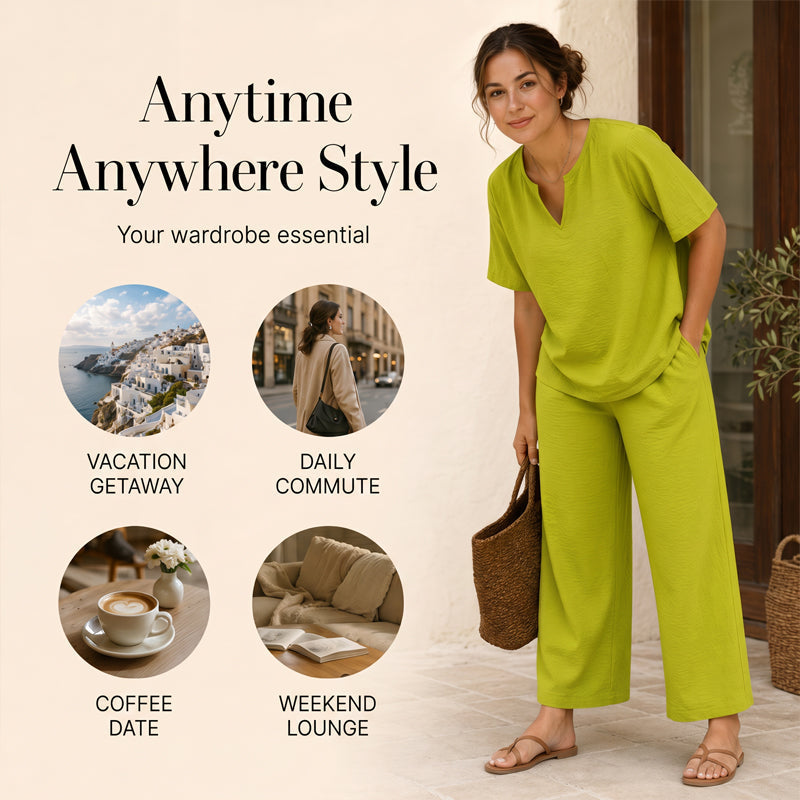 Women's V-Neck Top & Wide-Leg Pants Set