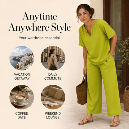 Women's V-Neck Top & Wide-Leg Pants Set