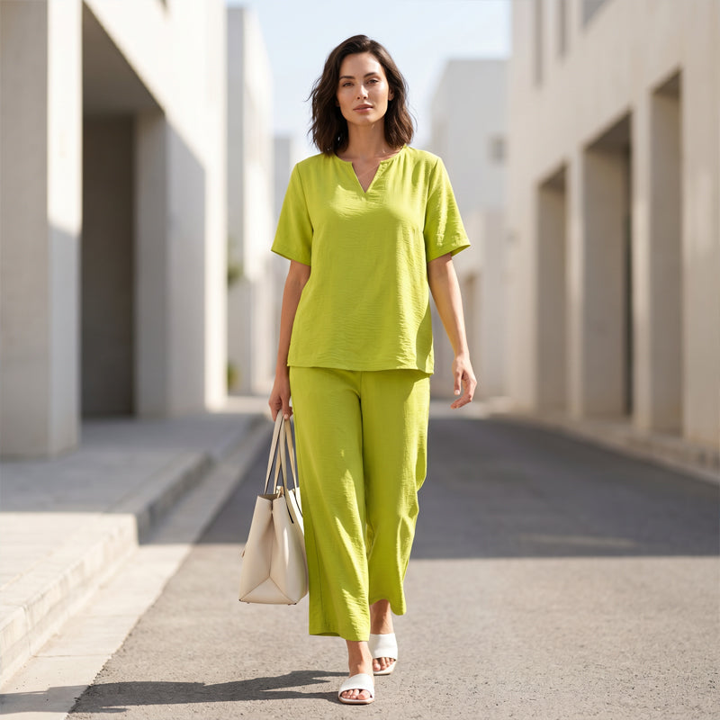 Women's V-Neck Top & Wide-Leg Pants Set