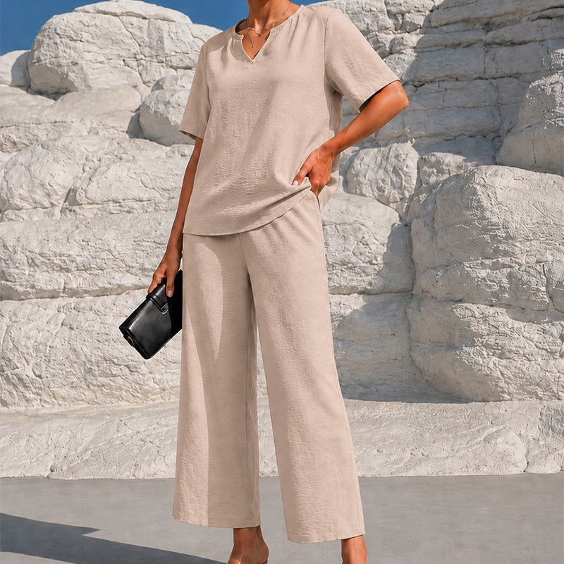 Women's V-Neck Top & Wide-Leg Pants Set