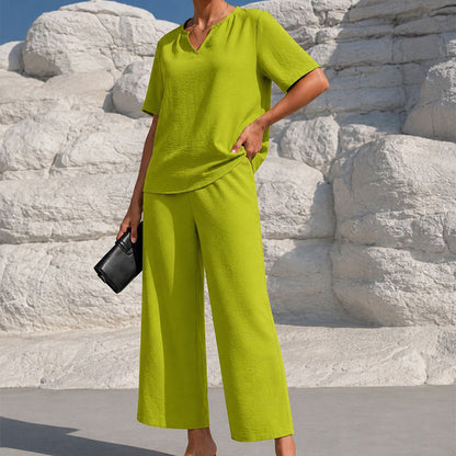 Women's V-Neck Top & Wide-Leg Pants Set