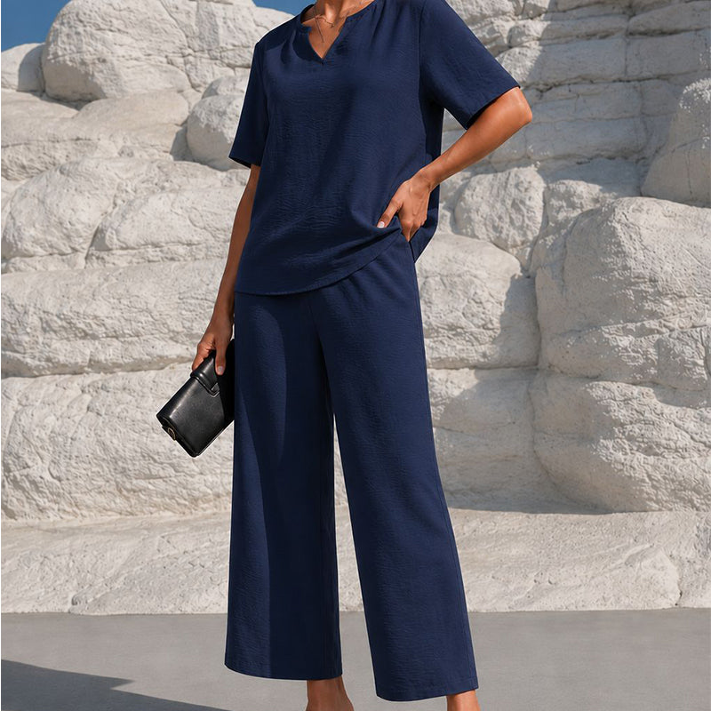 Women's V-Neck Top & Wide-Leg Pants Set
