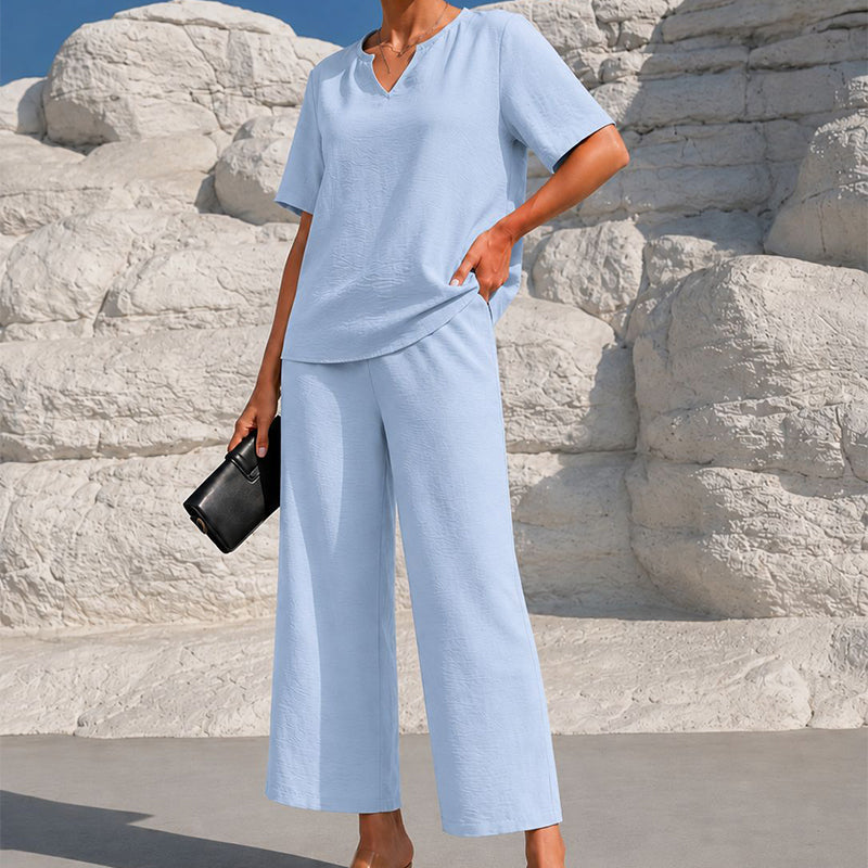 Women's V-Neck Top & Wide-Leg Pants Set