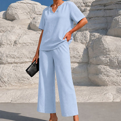 Women's V-Neck Top & Wide-Leg Pants Set