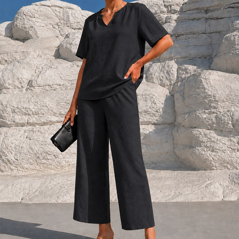 Women's V-Neck Top & Wide-Leg Pants Set