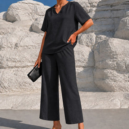Women's V-Neck Top & Wide-Leg Pants Set