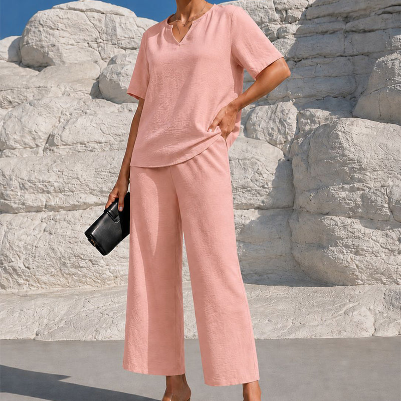 Women's V-Neck Top & Wide-Leg Pants Set