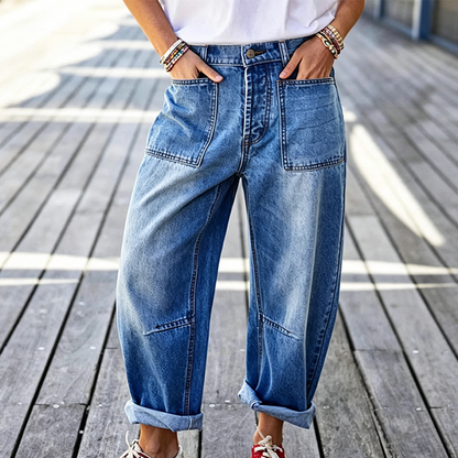 Women's Barrel Leg Jeans with Patch Pockets