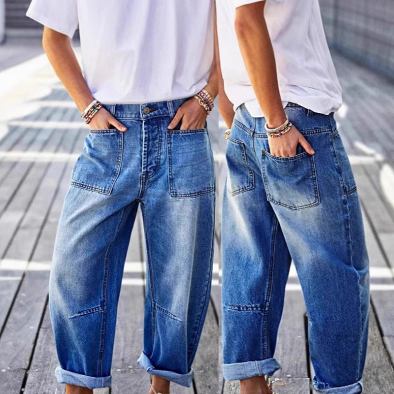 Women's Barrel Leg Jeans with Patch Pockets