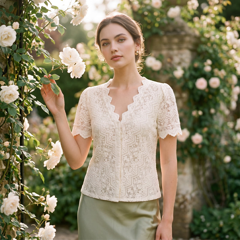 Women's Casual V-Neck Short Sleeve Lace Top