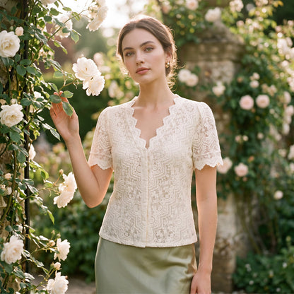 Women's Casual V-Neck Short Sleeve Lace Top