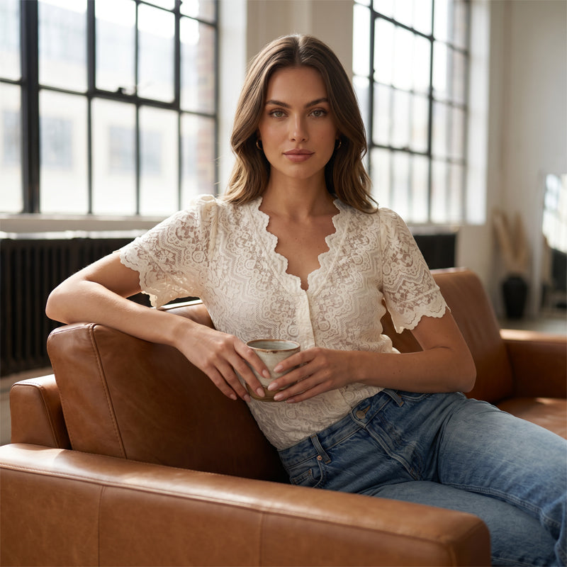 Women's Casual V-Neck Short Sleeve Lace Top