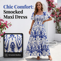 Women Summer Blue Floral Print Smocked Maxi Dress
