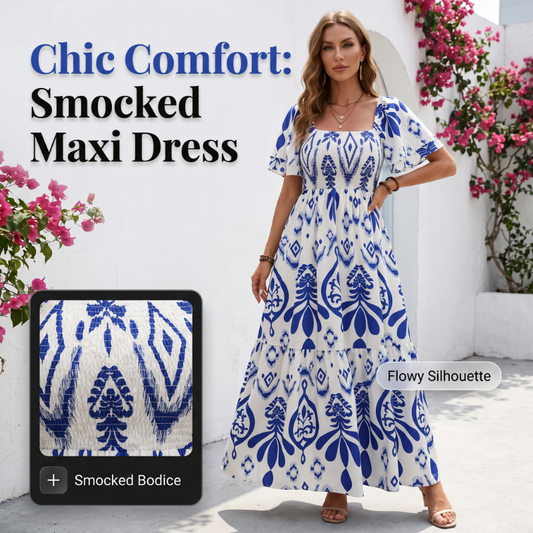 Women Summer Blue Floral Print Smocked Maxi Dress