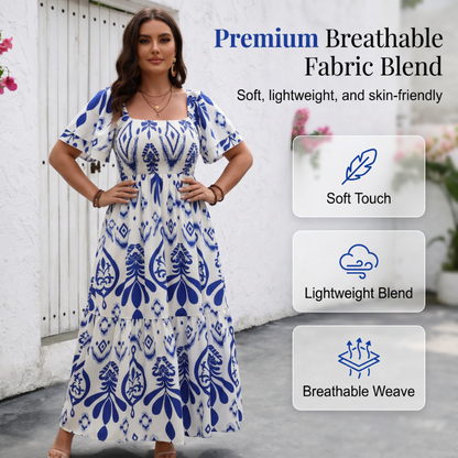 Women Summer Blue Floral Print Smocked Maxi Dress
