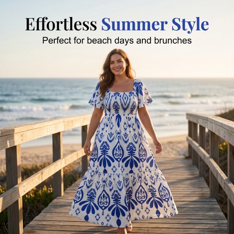 Women Summer Blue Floral Print Smocked Maxi Dress