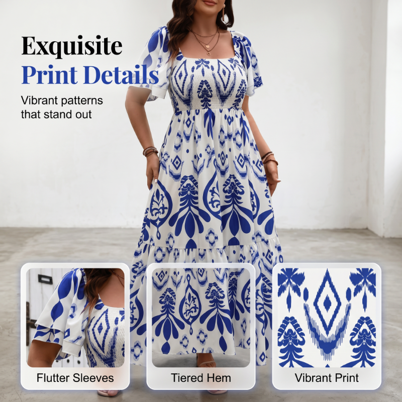 Women Summer Blue Floral Print Smocked Maxi Dress
