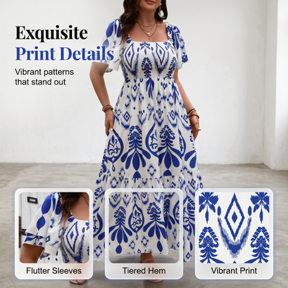 Women Summer Blue Floral Print Smocked Maxi Dress