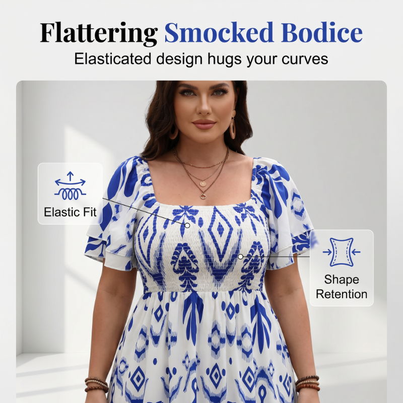 Women Summer Blue Floral Print Smocked Maxi Dress