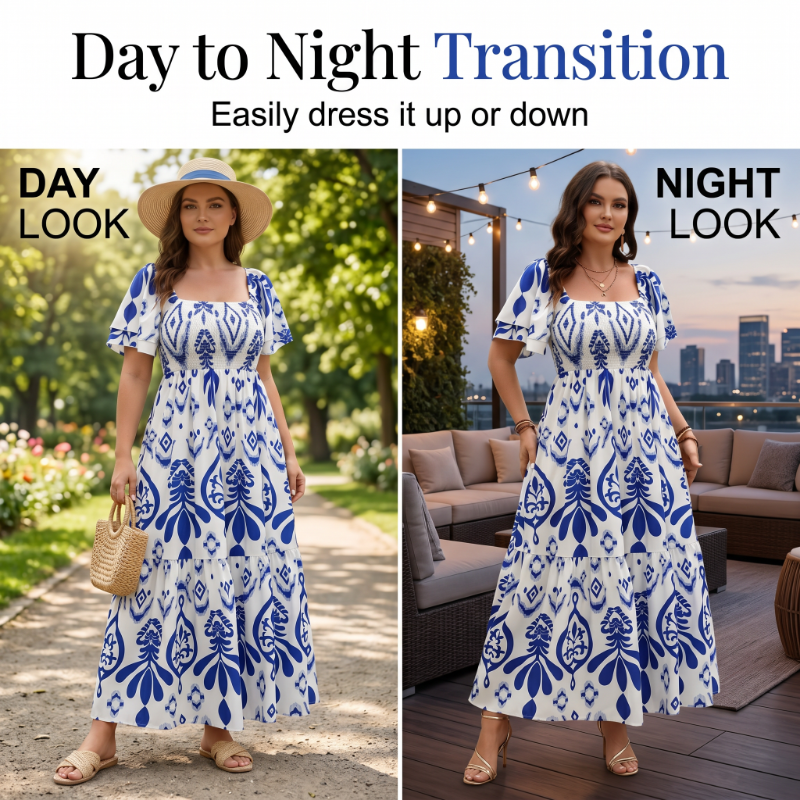 Women Summer Blue Floral Print Smocked Maxi Dress