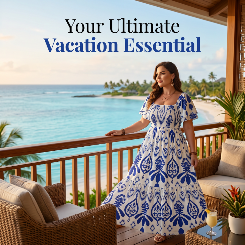 Women Summer Blue Floral Print Smocked Maxi Dress
