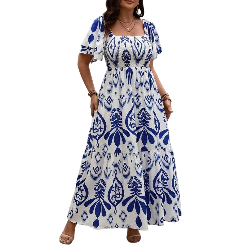 Women Summer Blue Floral Print Smocked Maxi Dress