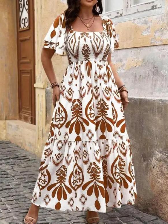 Women Summer Blue Floral Print Smocked Maxi Dress