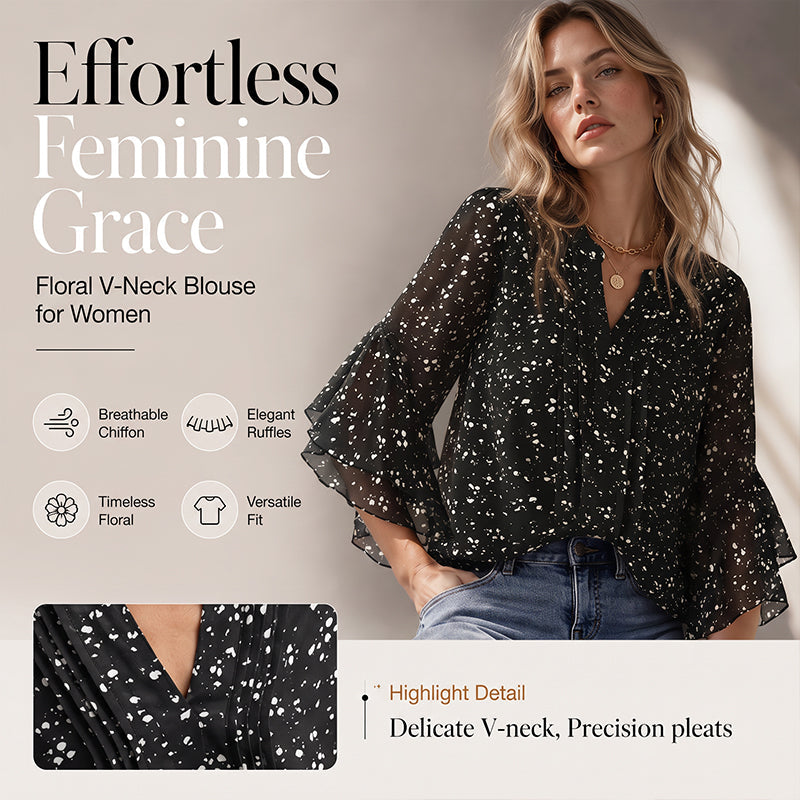 Women's Floral Print V-Neck 3/4 Ruffle Sleeve Top