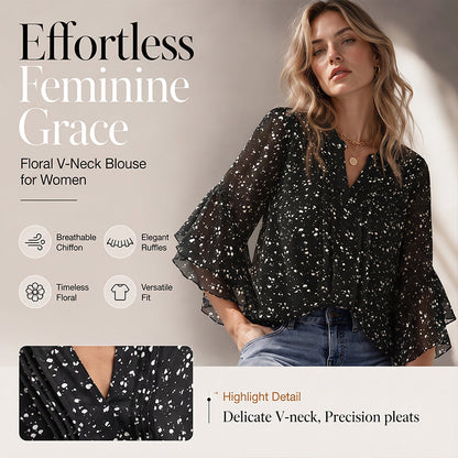 Women's Floral Print V-Neck 3/4 Ruffle Sleeve Top