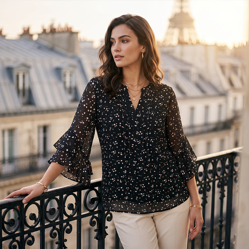 Women's Floral Print V-Neck 3/4 Ruffle Sleeve Top
