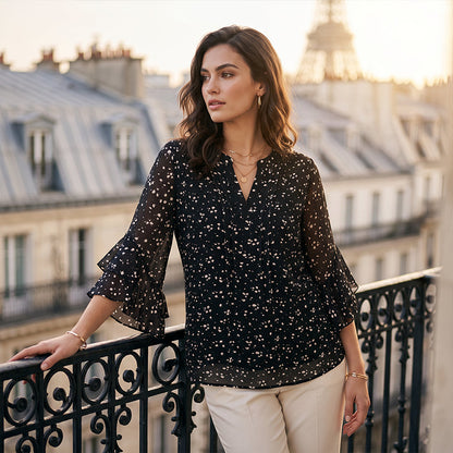 Women's Floral Print V-Neck 3/4 Ruffle Sleeve Top