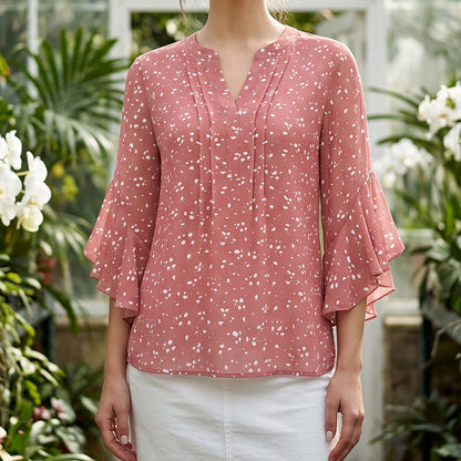 Women's Floral Print V-Neck 3/4 Ruffle Sleeve Top